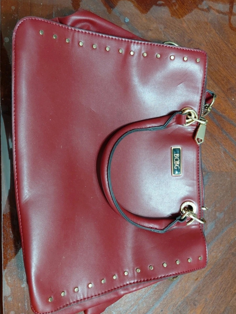 BCBG Wine Red Stud-Trim Shoulder Bag